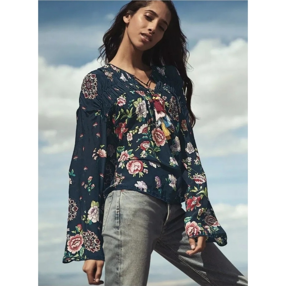 Johnny Was Navy Floral Peasant Blouse